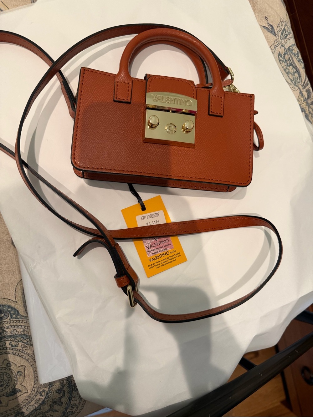 Valentino Mini Tan Leather Top-Handle Crossbody with Gold Lock